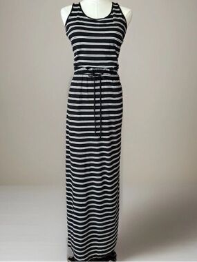 Banana Republic Dark Blue & White Striped Maxi Dress Sleeveless Drawstring XS